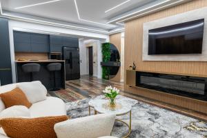 ein Wohnzimmer mit Kamin und Fernseher in der Unterkunft VNS LUXURY STAY apartment in Târgovişte