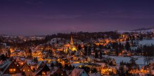 une ville éclairée la nuit avec des lumières dans l'établissement Erzgebirge Apartments Sehmatal, à Sehma