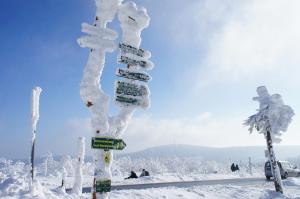un panneau recouvert de neige sur le côté d'une route dans l'établissement Erzgebirge Apartments Sehmatal, à Sehma