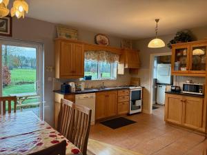 a kitchen with wooden cabinets and a table with a tableablish at 3 bedroom home close to Athenry in Galway in Athenry