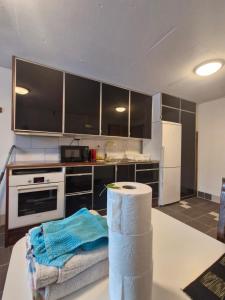 a kitchen with a table with a roll of paper towels at Lägenhet i Lindesberg 50kvm in Lindesberg