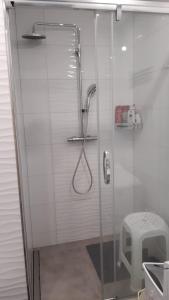 eine Dusche mit Glastür im Badezimmer in der Unterkunft Apartmán Convent in Saar