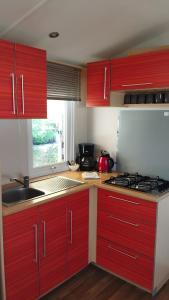 een keuken met rode kasten, een wastafel en een fornuis bij Euro Mobil B16 in Boofzheim