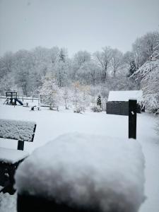 a park covered in snow with benches and trees at Skandynawia in Uherce Mineralne +31 photos