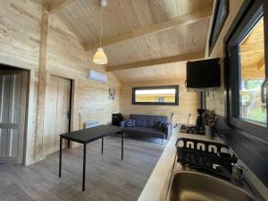 - une cuisine et un salon dans une cabane en rondins dans l'établissement Chalet 2 étoiles - ef0bde, à Neffes