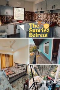 un collage de cuatro fotos de una cocina y un dormitorio en The Sunrise Retreat, en Solan