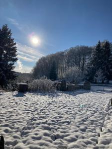 a snow covered yard with the sun in the sky at Ferienhaus Im Grünen in Zella-Mehlis