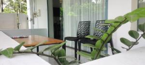 a table and chairs on a balcony with a plant at Little home apartment in Kozhikode