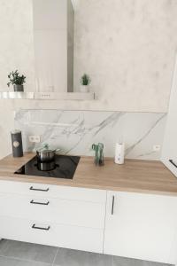 eine Küche mit weißen Schränken und einem Herd mit Backofen in der Unterkunft Maison cosy avec terrasse et jardin - Aéroport gare in Charleroi