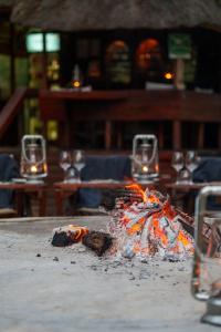 a fire on a table in a restaurant at Lion Tree Top Lodge in Guernsey Nature Reserve