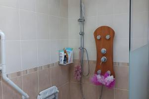 a shower in a bathroom with a wooden shower head at Maison en bord de mer in Réville