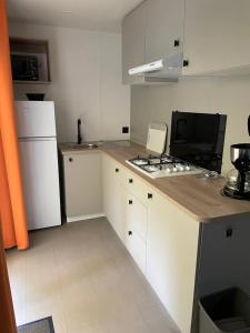 a small kitchen with a stove and a refrigerator at Camping 3 étoiles - ccaaafd in Sorèze
