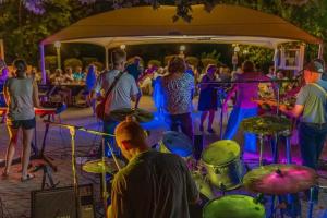 Eine Gruppe von Leuten, die auf einem Konzert Schlagzeug spielen. in der Unterkunft Chalet 3 étoiles - Piscine - ccaibfi in Saint-Jean-du-Gard