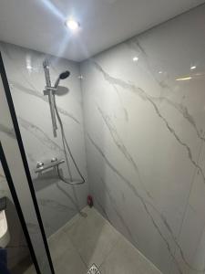 a shower in a bathroom with a marble wall at Pension Moerdijk in Moerdijk