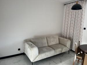 Wiejska Przystań Bory Tucholskie的客厅里有一张沙发和一张桌子。