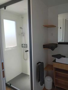 une douche avec une porte vitrée dans une salle de bain dans l'établissement Chalet 3 étoiles - Piscine - eebicc, à Massillargues-Attuech