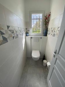 a white bathroom with a toilet and a window at Le gîte d'Elia in Montech