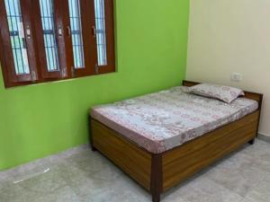 SaurにあるStay Enjoyの緑の壁と窓が特徴のドミトリールームのベッド1台分です。