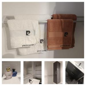 un collage de photos d'une salle de bain avec des serviettes dans l'établissement Chambre privée cocooning, à Grigny