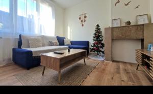 a living room with a blue couch and a christmas tree at Escapade Bord de Mer - Terrasse & Parking privé, Plage à 300 m in Le Portel +50 photos