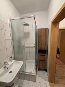 a bathroom with a shower and a sink at FeWo JW Altentreptow in Altentreptow