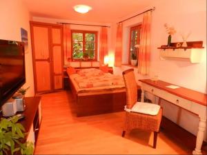 a room with a bed and a desk and a television at Wampendobler Paradies in Egglham