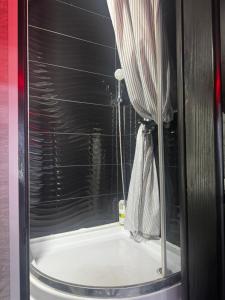 eine Dusche mit Duschvorhang im Bad in der Unterkunft Central location in Chişinău