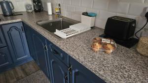 un comptoir de cuisine avec des armoires bleues et un évier dans l'établissement Farm Lodge, à Monaghan