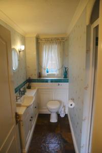 a bathroom with a toilet and a sink and a window at 3-bedroom cottage set in a large enclosed garden in Thatcham +29 photos