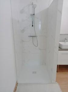 ein weißes Badezimmer mit Dusche und Waschbecken in der Unterkunft Studio de la ferme des huis 