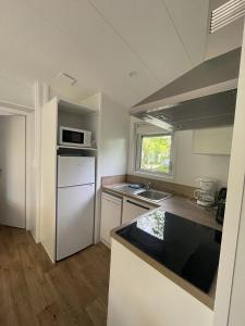 a small kitchen with a refrigerator and a microwave at ZEcamping 4 étoiles animaux acceptés bain à remous sauna et solarium in Apremont
