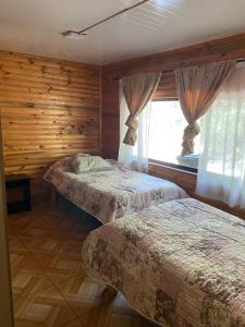 Un dormitorio con dos camas y una ventana en Cabañas las Palmeras de Colbun, en Linares