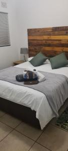 ein Schlafzimmer mit einem großen Bett mit einem hölzernen Kopfteil in der Unterkunft Jenkins Re-Treat in Pretoria
