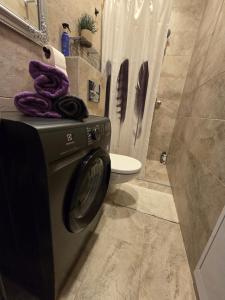 lavatrice in bagno con servizi igienici di Jaukus butas Panemunėje su vaizdu į Nemuną a Kaunas 1 altra foto