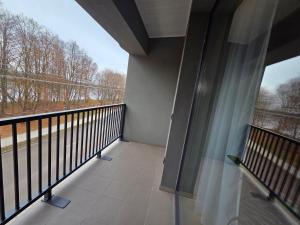 un balcone con ampia finestra affacciata sugli alberi di Jaukus butas Panemunėje su vaizdu į Nemuną a Kaunas