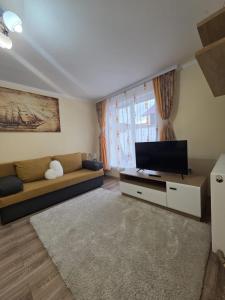 ein Wohnzimmer mit Couch und Flachbildfernseher in der Unterkunft Casa O&A in Cristian