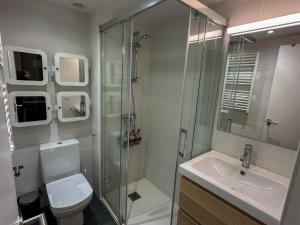 een badkamer met een douche, een toilet en een wastafel bij NEGUA Vielha in Vielha