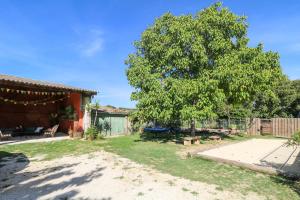 une cour avec un arbre et une maison dans l'établissement Authentic Country House with pool near Uzes, à Fontarèches