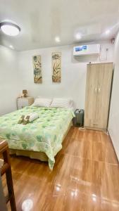 ein Schlafzimmer mit einem Bett mit einer grünen Bettdecke in der Unterkunft Len Staycation in Panabo 3BDR-2BR-Downstairs Wifi Netflix in Panabo