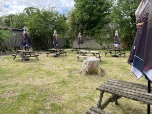 Un grupo de mesas de picnic en un campo con un tocón de árbol. en The Swan Hotel and Public House, en East Ilsley