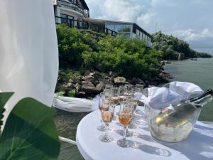 a table with glasses and a bottle of wine at Stanca Dunarii in Nufăru