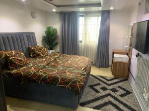 1 dormitorio con 1 cama y lavamanos. en Chibuzor Apartment, en Lagos 8 fotos más