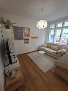 Una sala de estar con un sofá y un televisor en Apartmány v centru Olomouce, en Olomouc