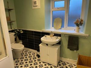 a bathroom with a sink and a toilet and a window at Fox Haven in Bicester