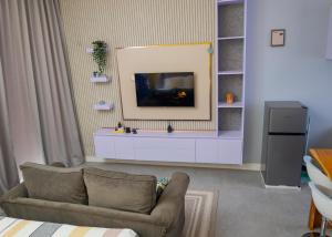 a living room with a couch and a tv at Serene 1bed, 1bath studio Apartment in Mbarara