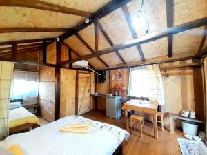 a bedroom with a bed and a desk in a room at Tiny houses Genacvale in Martvili +56 photos