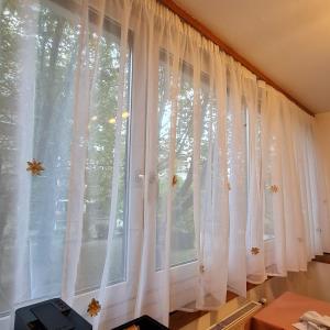 una ventana con cortinas blancas en una habitación en Außergewöhnlich, en Graz