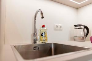 多瑙河畔克雷姆斯Sweet Apartments - Krems an der Donau的厨房水槽旁边配有洗涤剂瓶 更多32张照片