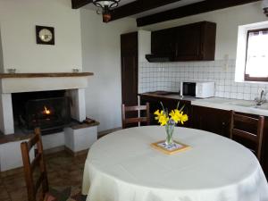 une cuisine avec une table avec un vase de fleurs dessus dans l'établissement Gîte de Raoussou, à Mirabel