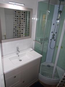 a bathroom with a sink and a shower at Gîte Communal "Ecole" in Montain